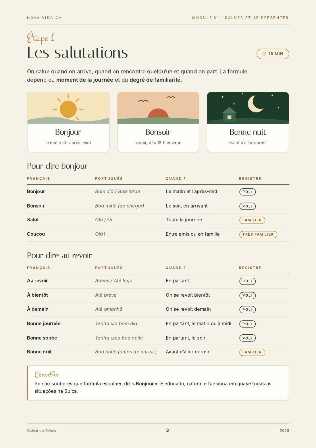 Página 3 do caderno: Les salutations, com Bonjour, Bonsoir, Bonne nuit e as fórmulas para dizer adeus.