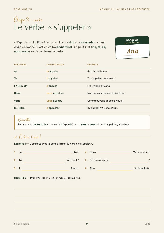 Página 9 do caderno: a conjugação do verbo «s’appeler».
