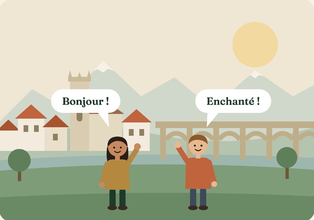 Duas personagens numa paisagem suíça: uma diz «Bonjour !» e a outra responde «Enchanté !».